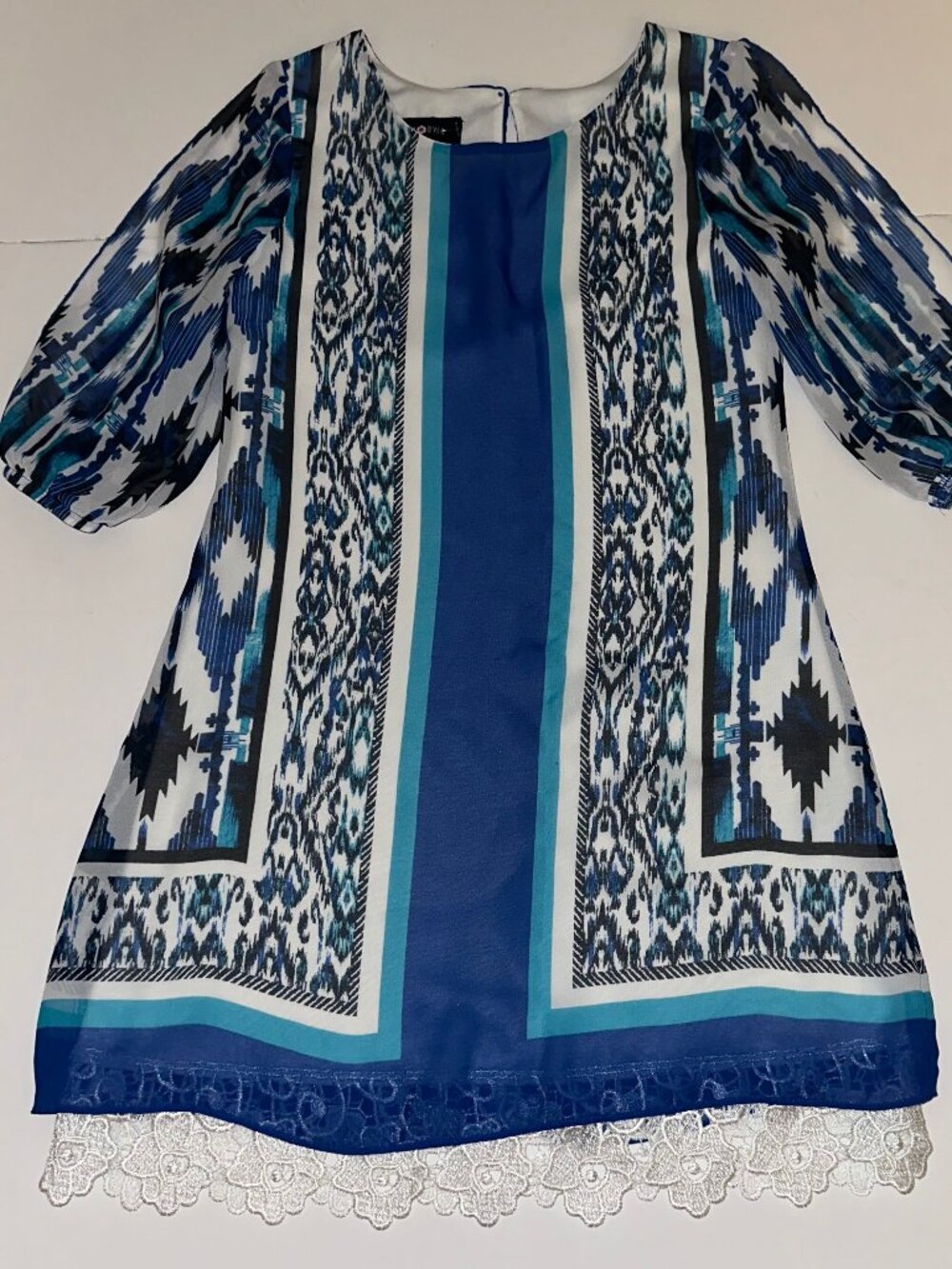 Amy Byer Size 7 Dress Girls Aztec Sheer Overlay Print Split Sleeve Keyhole Back